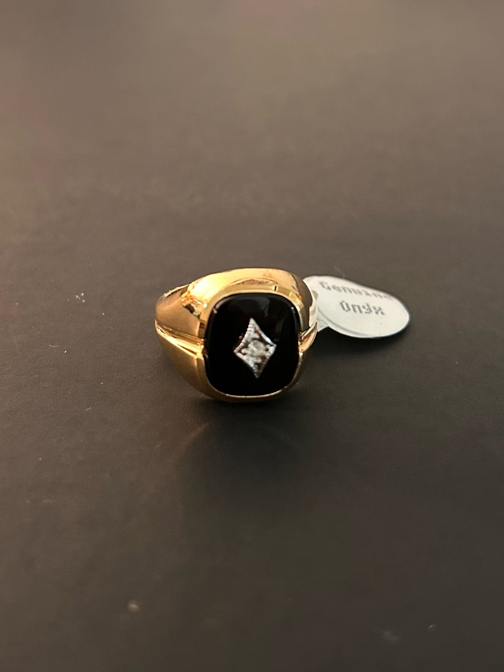 Waterproof Gold Plated & Onyx Signet Ring with Diamond Accent